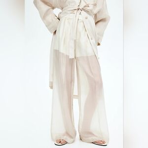 NWT H&M S/S 2025 Wide-leg Pleated Sheer Pants Cream 1286444001 Sizes 8, 10